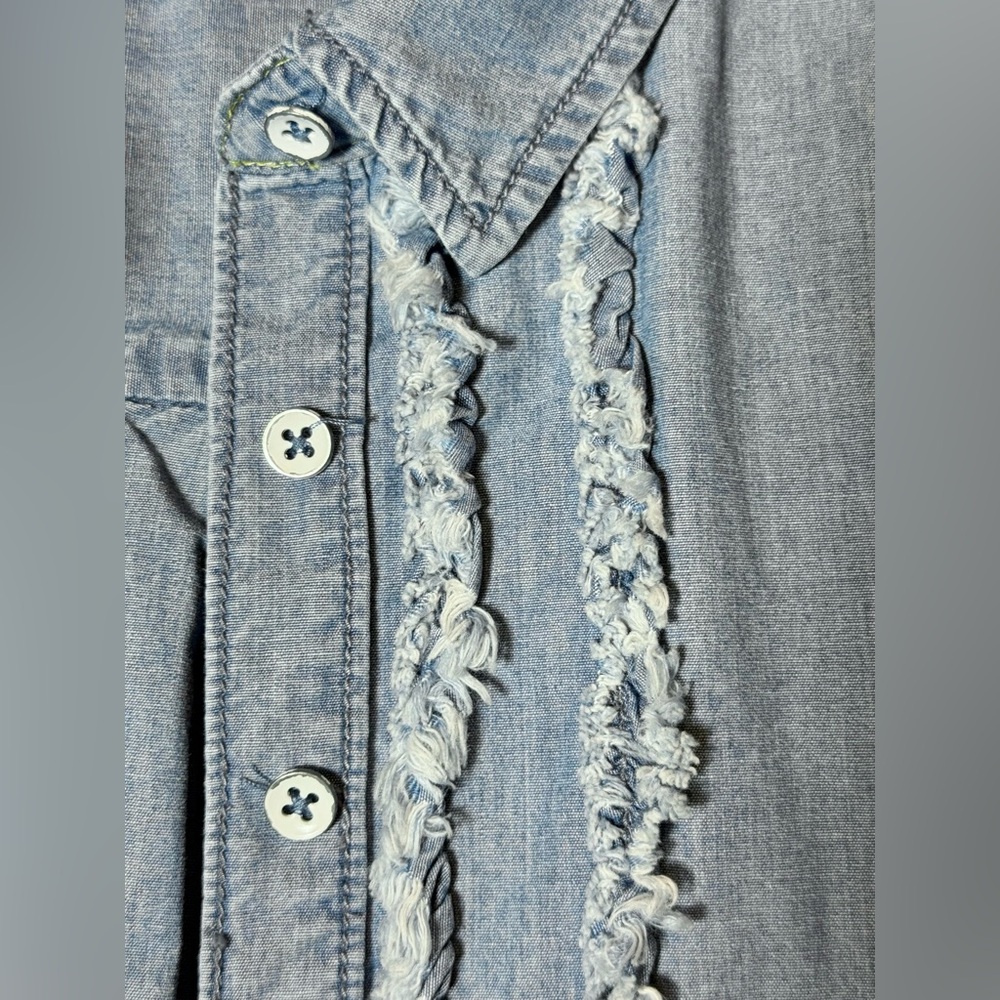Pilcro by Anthropologie Juni Ruffled Denim Button Down Petite Small 3/4 Sleeve - Picture 7 of 13